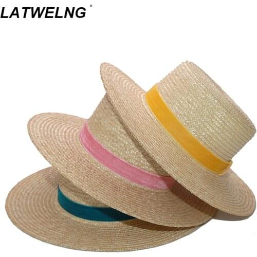 Wholesale Women Fashion Velvet Ribbon Straw Hat Flat Top Summer Sun Hats Ladies Beach Hat Dress Up