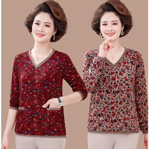 Middle-Aged Elderly Womens T-Shirts Spring Autumn V-neck Long Sleeve Knitting Tee Shirt Bottoming Shirt Female Pullover Tops