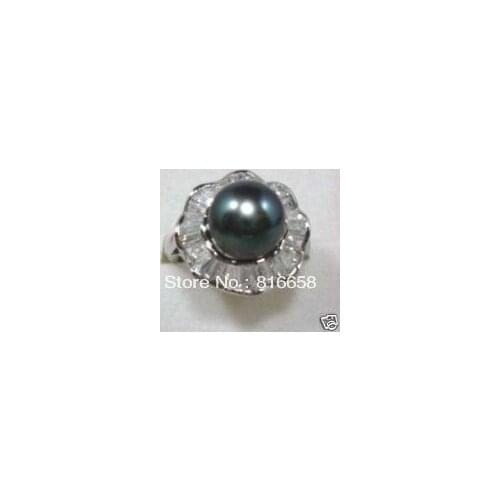 Fine 10mm big size black Freshwater pearl ring jewelry size 6 7 8 9