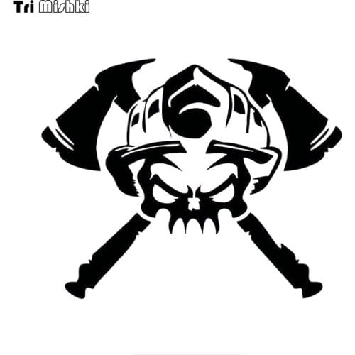Tri Mishki HZX1141# Helmet Axe Skull fire fighter car sticker funny Vinyl Decals Motorcycle Accessories Stickers
