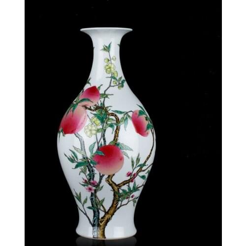 Qing Dynasty Yongzheng Famille Rose Bat Peach "Fu Shou" Pattern Olive Vase