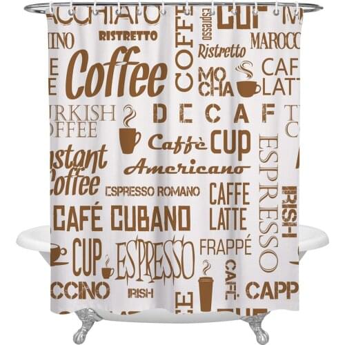 Coffee Cup Text Brown Beans Shower Curtain Waterproof Polyester Fabric Shower Curtains Home Decoration Curtain with Hook