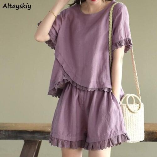 Short Sets Women Comfortable Solid Color Two Piece Lace Patchwork O-neck Loose Tops Female Elastic Waist Leisure Summer Simple