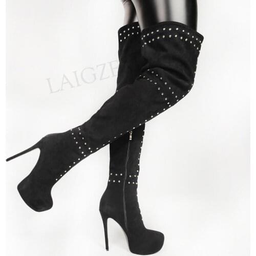 LAIGZEM Studded Women Thigh High Platform Boots Zipper High Heels Boots Donne Stivali Vrouwen Schoenen Size 44 46 47 49 50 52