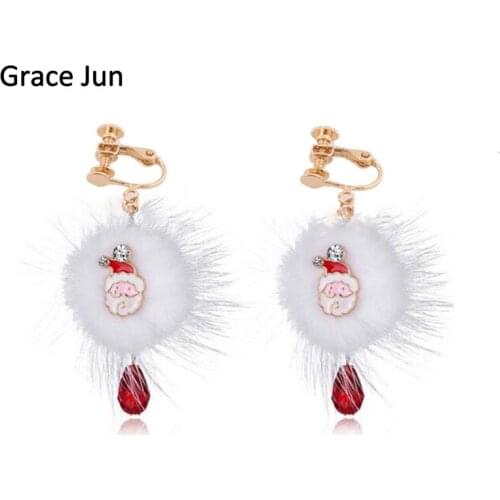 Grace Jun New Santa Claus Deer Rabbit Fur Ball Red Crystal Clip on Earrings Without Piercing for Women Cute Christmas Gift