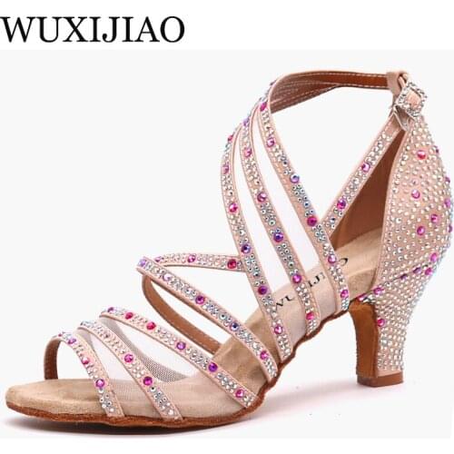 WUXIJIAO Professional 6 7.5 8.5 9 10 cm Heel Beading Samba Tango Salsa Latin Ballroom Dance Shoes Women Ladies with Suede Sole