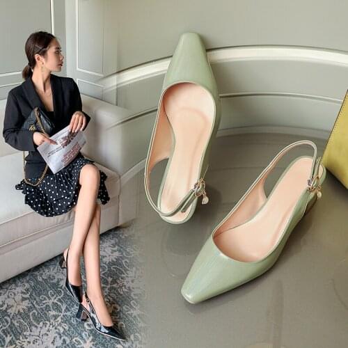 2020 New Brand Women Pointed Toe Slingback Pumps Elegant Square High Heels Office OL Ladies Dress Pumps Shoes Pink Green