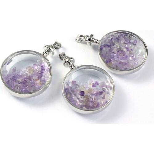 100-Unique 1 Pcs Silver Plated Round Shape Wish Bottle Pendant Natural Amethysts Stone Jewelry