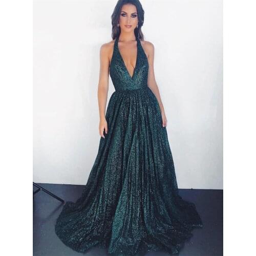 2021 Sparkly V Neck Halter Sequin Prom Dresses A Line Sleeveless Formal Evening Party Gowns Robe De Soiree