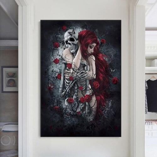 Abstract Skull Girl Canvas Art Posters and Prints Dark Rose Flowers Wall Art Paintings Pictures Cuadros for Living Room Decor