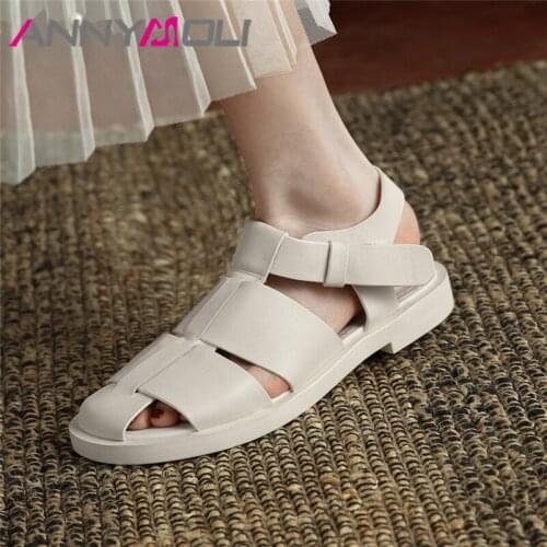 ANNYMOLI Women Sandals Genuine Leather Gladiator Shoes Round Toe Flat Heels Sandals Buckle Strap Ladies Footwear Summer Black 40