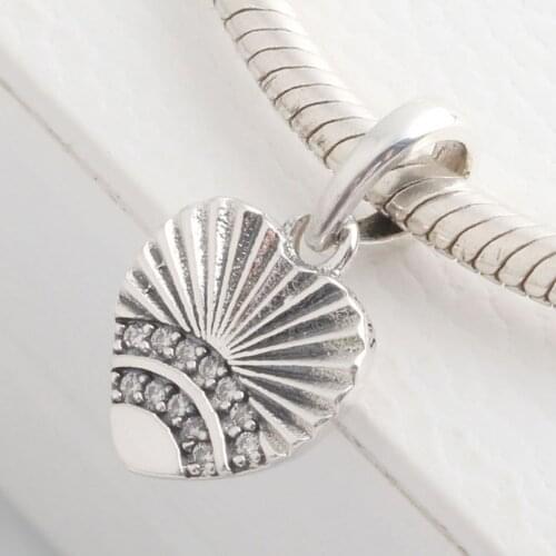 Authentic S925 Silver Clear CZ Crystal Shell Dangle Bead Love Heart Pendant Charm for Women Bracelet Bangle DIY Jewelry