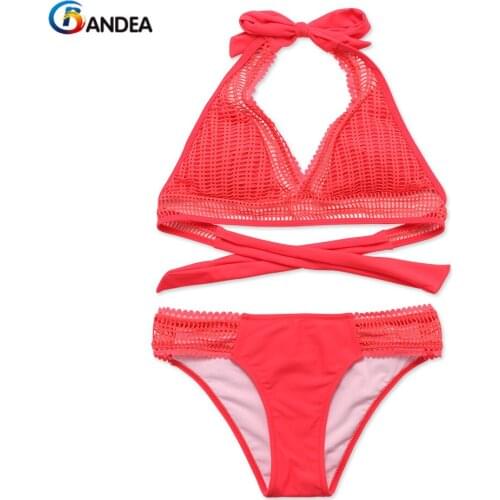 BANDEA 2019 Sexy Mesh Bikini Women Swimwer Halter Top Swimsuit Female Padded Bikini Set Solid Push Up Maillot De Bain Beach