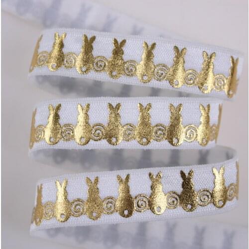Free shipping 5/8" 15mm gold foil bunny printed fold over elastic #029 white for hair tie, 100yards/lot