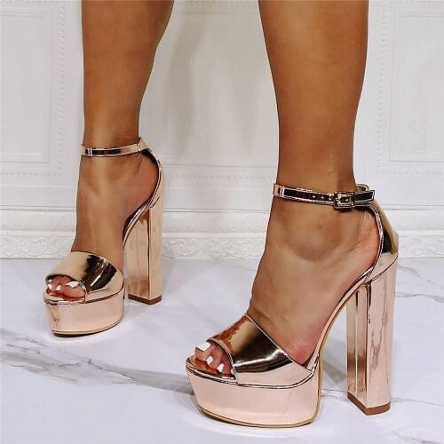 Designer Women 13CM Square High Heels Sandals Platform Rose Gold Mirror Leather Shoes Ankle Strap Banquet Dress Ladies Pumps