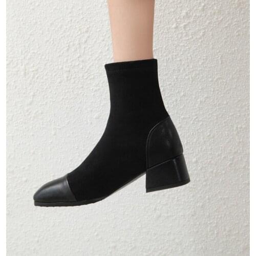 New Women Shoes High Heels Slip ankle boots winter Stretch socks boots elegant Square high heels shoes female Plus size 31-43