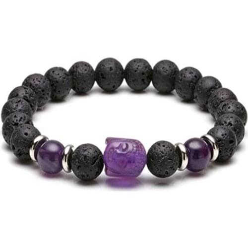 FYJS Unique 8 mm Round Beads Black Lava Stone with Natural Amethysts Engraved Buddha Head Stretchy Bracelet