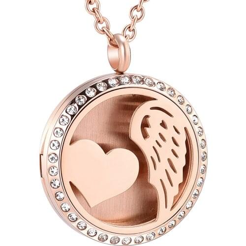 IJP0364 Inlay Crystal Wing Heart Stainless Steel Pendant Aromatherapy Essential Oils Diffuser Perfume Free12 Pads Necklace