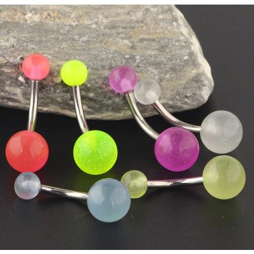 JUNLOWPY Wholesale Body Jewelry Belly Button Rings Glow in the Dark 14G Steel Bar UV Ball Women Navel Ear Piercing Mix 6 Colors