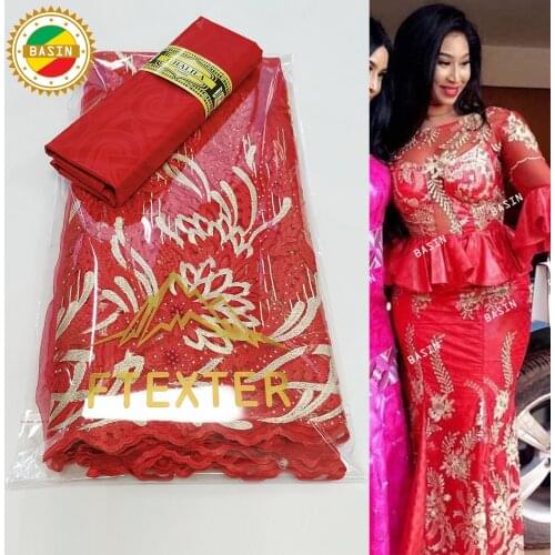 Red Embroidered Net Tulle Lace With Bazin Riche Fabrics 2021 Latest French African Basin Wedding Women Dresses Net Lace Fabrics