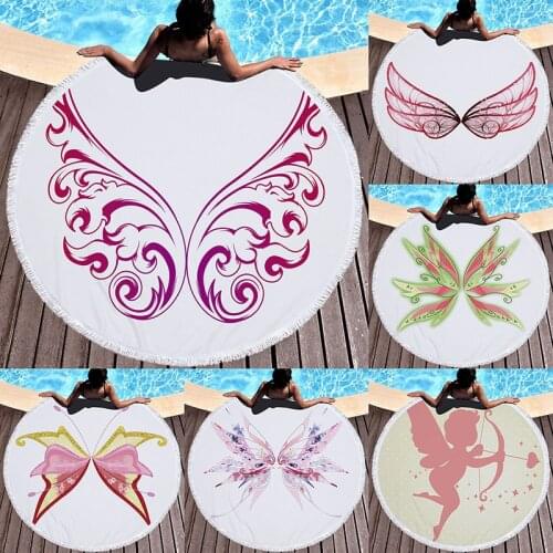 Summer Microfiber Round Beach Towel Circle Fairy Cupid Wings Print Shower Bath Towels Yoga Mat Blanket toalla de playa redonda