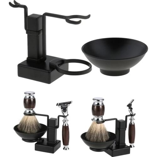 High Quality Bathroom Barber Men Metal Shaving Rack Stand Set - Shave Brush Holder Shelf + Soap Mug Cup Bowl Black