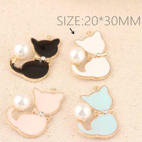 Fashion 50PCS DIY Jewelry Craft Enamel Round White Pearls Decorated Enamel Alloy Animal Cat Pendant Charms Oil Drop Metal Charm