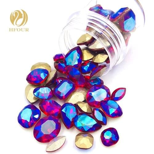 New Hot Red Fluorescence Mixed shape pointback glass crystal glue on rhinestones for nail decorations