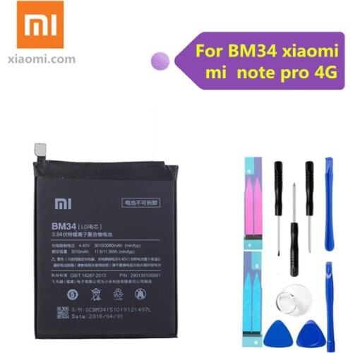 XiaoMi Original Replacement Battery BM34 For Xiaomi Mi Note Pro Authentic Phone Battery 3090mAh+tools
