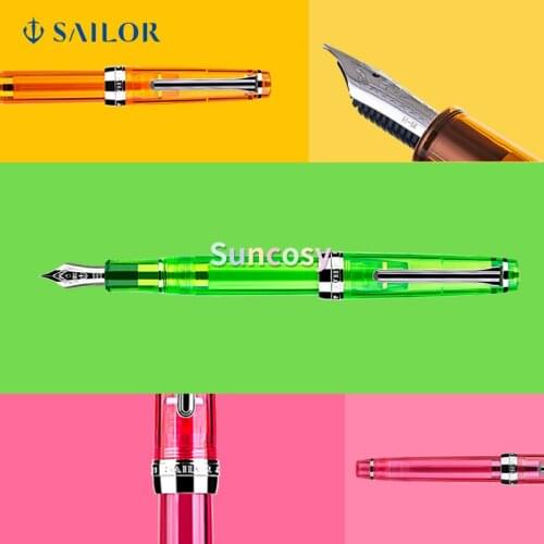 SAILOR 9047 Professional Gear Slim Transparent Pink Green Orange Clear Silver Trim, 14K Fine Point Fountain Pen