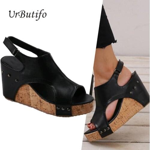 UrButifo Womens Sandals Summer Platform Sandals High Heels Casual Ankle Strap Leather Wedges Shoes For Women Zapatos De Mujer