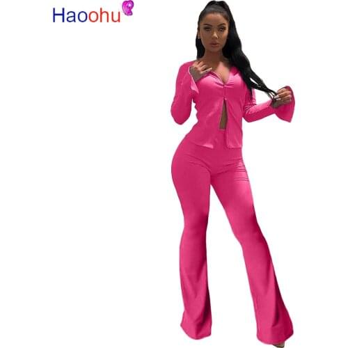 HAOOHU Sexy Two Piece Set Fall Clothes for Women Tracksuit Long Sleeve Top Flare Pants Suit Club Birthday Outfits Matching Sets