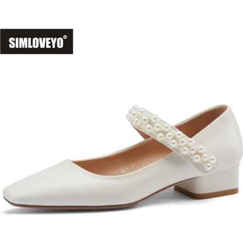 SIMLOVEYO 2021 Sweet Women Pumps Hook Loop Square Toe Beading Leather 3cm Cover Chunky Heel Shoes Size 34-40 Beige Black A4187