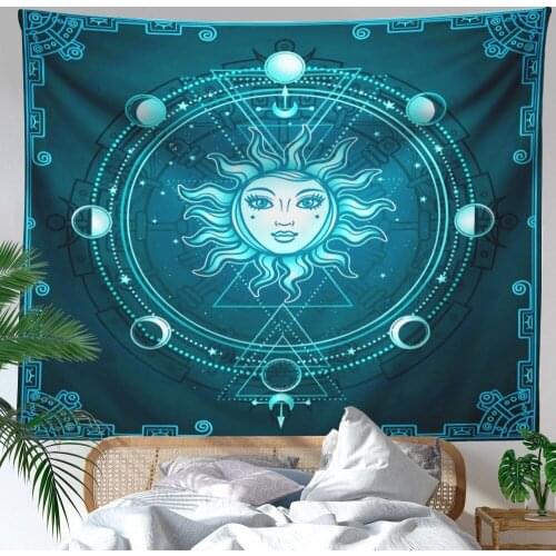 Blue Sun God Moon Phase Star Chart Wall Tapestry Hippie Boho Home Decor Tapestry Wall Hanging Witchcraft Supplies Camping Mat