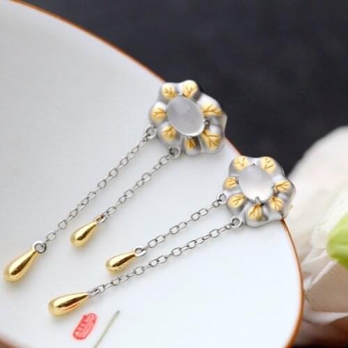 Vintage old lotus leaf 925 sterling silver earrings set with natural moonstone tassel silver earrings factory direct shipping