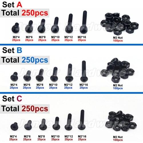 250pcs M2(2mm) Alloy Steel High Tensile Allen Bolts Hex Button Flat Socket Head Cap Screws With Nuts Assortment