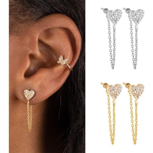 ISUEVA Elegant Silver Gold Filled Tassel Piercing CZ Ear Cubic Zircon Love Heart Chain Stud Earrings For Women Party Jewelry