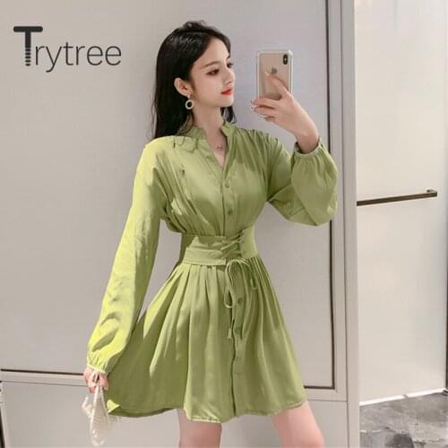 Trytree 2020 Spring Summer Casual Dress Women V-neck Single Breasted Solid 2 Color Bandage A-line Fashion Elegant Mini Dress