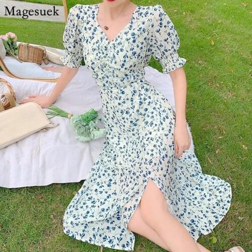Summer Pring Floral Dress Women French Vintage Retro Split Woman Dress Sexy Office Lady Slim Casual Long Dresses Vestidos 14554