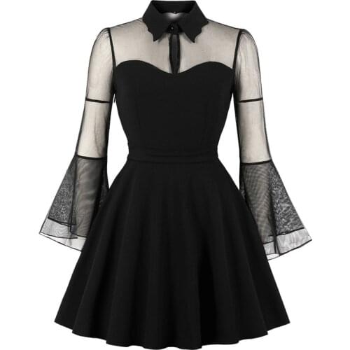 Women Sexy Mesh Dress Summer dress Lace Long Sleeve Mini Dresses Female Lace Beach Sundress Gothic