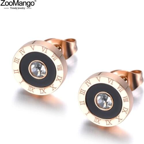 ZooMango Trendy Stainless Steel Black Acrylic Circle Roman Numeral Wedding Earrings For Women CZ Crystl Earrings Jewelry ZE19072