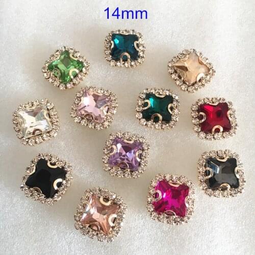 20 pcs 14mm Square Sewing Bead,Gold Base Setting With Glass Bead.Loose Beads For Garment Decoration,Different Color