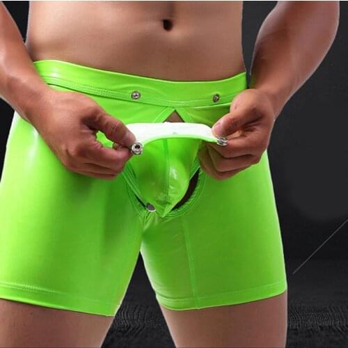 PVC Shiny Lingerie Porno Sexy Panties Open Crotch Man Boxer Cock Ring Penis Pouch Sissy Crotchless Panties Homme Sexy Panty