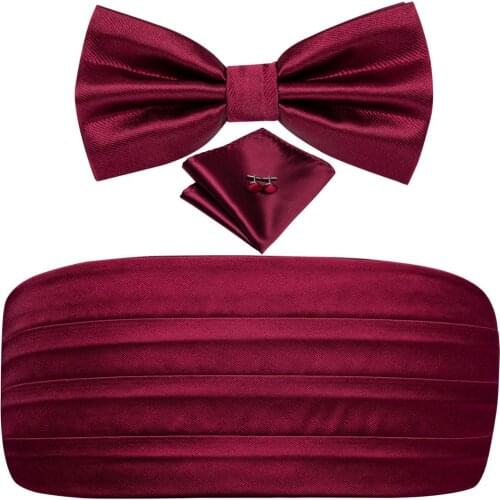 Hi-Tie Wedding Cummerbund Set with Hanky Hanky Bowties Mens Tuxedo Formal Party Waist Band Male Silk Burgundy Red Cummerbunds