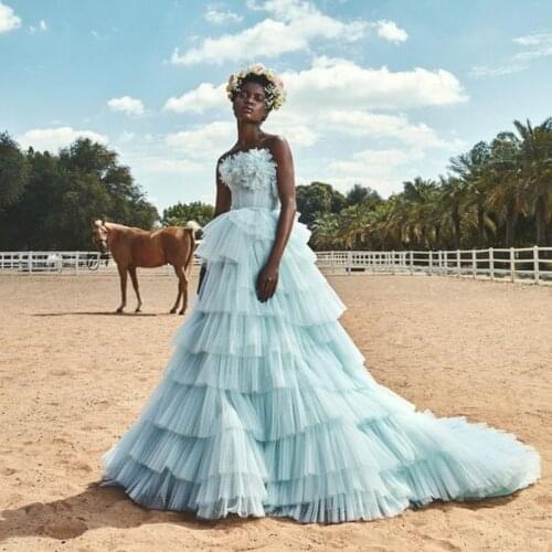Pretty Sky Blue Floral Tulle Prom Gowns Off The Shoulder Ruffles Tiered Long Women Summer Dresses To Party Lace Up Back