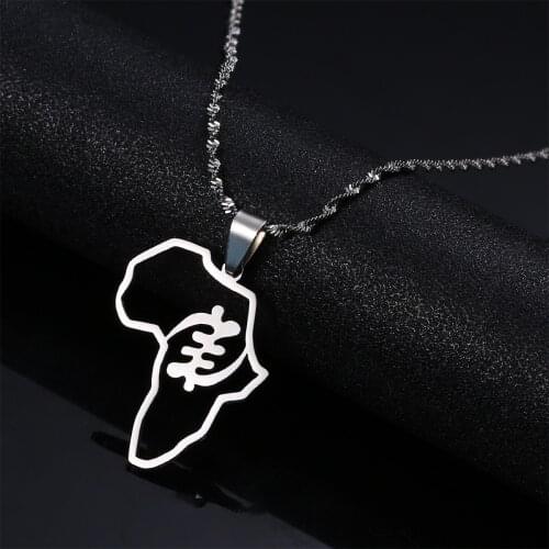 Stainless Steel Trendy African Map Cultural Symbol Pendant Necklace Adinkra Gye Nyame Jewelry