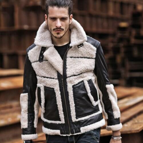 Mens Shearling Jacket B3 Flight Jacket Short Leather Jacket Sheepskin Aviator Fur Coat