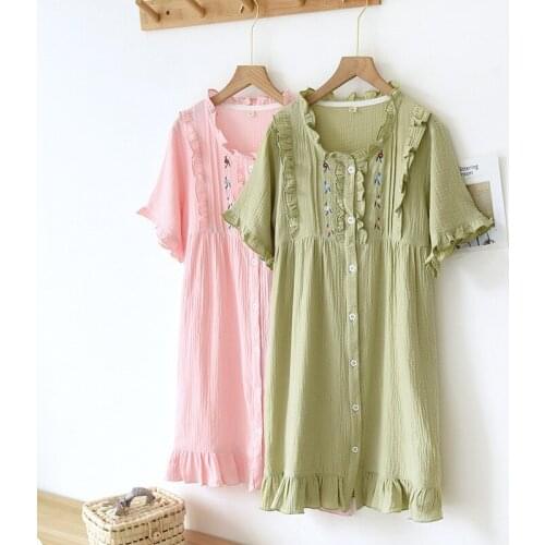 Night Dress Women Cotton Washed Crepe Chest Embroidered Short-sleeved Nightdress for Female In Summer Cool Home Dressing Gown