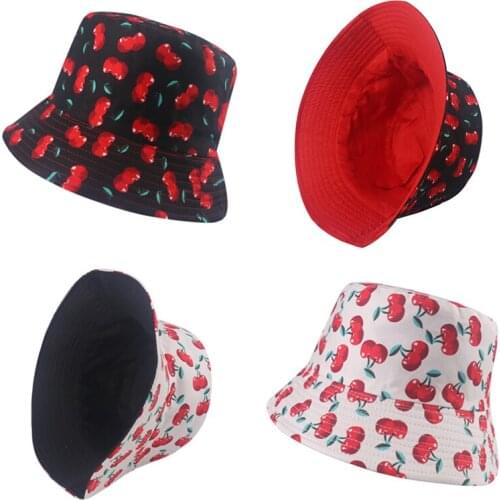 Reversible Bucket-Hats Black White Fruit Cherry Sunscreen Fisherman Cat Men Women Cotton Fashion Anti-sun Bob Panama Hat