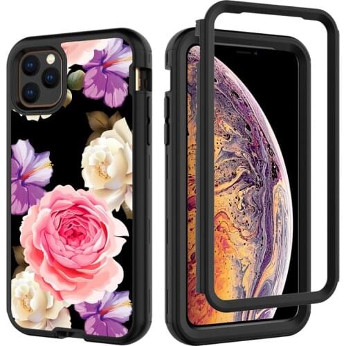 Front&Back 360 Full Body Protective Case For iPhone 11Pro max Marble Flower Electroplate Glitter Hybrid TPU+ Rubber Hard Rugged